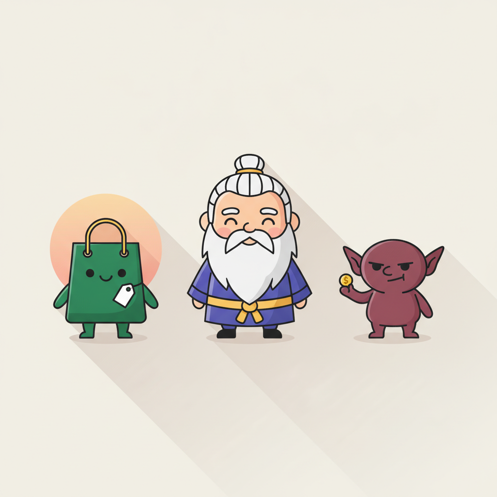 The dojo cast: the SellerMate student mascot, Master Sifu, and a foe