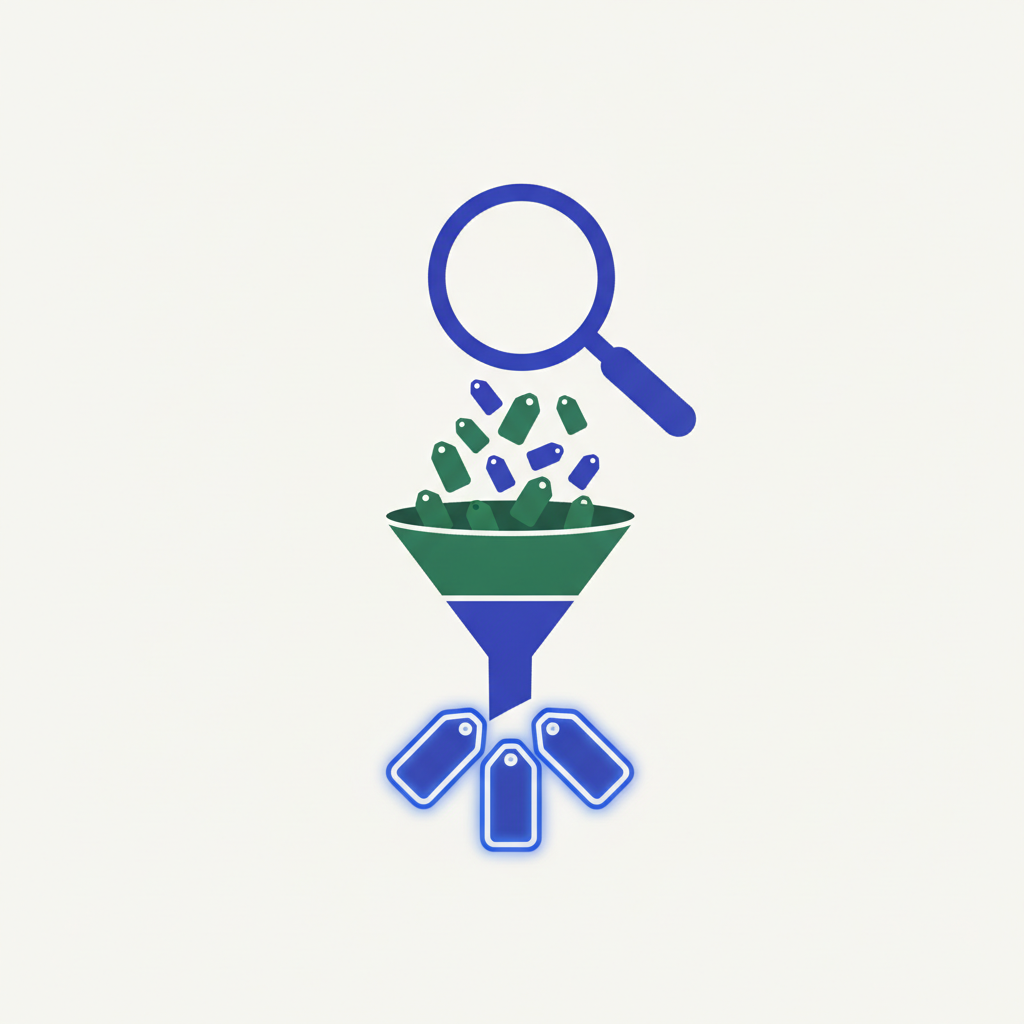 A magnifying glass over a funnel filtering many search-term tags into a few winning keywords