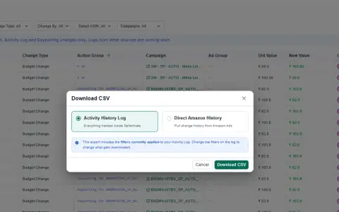 Download a CSV of changes made through both SellerMate and your ads account.